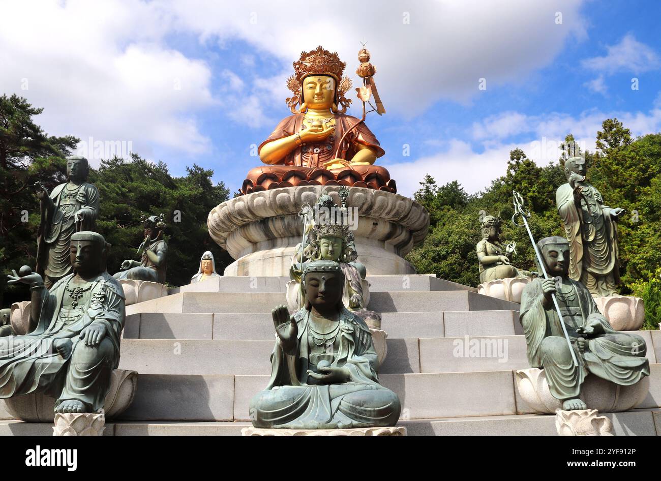 Golden Buddha statue at Beomeosa Temple complex, Busan, South Korea. Buddha and Bodhisattva figures in Beomeosa Temple, Busan, Republic of Korea Stock Photo
