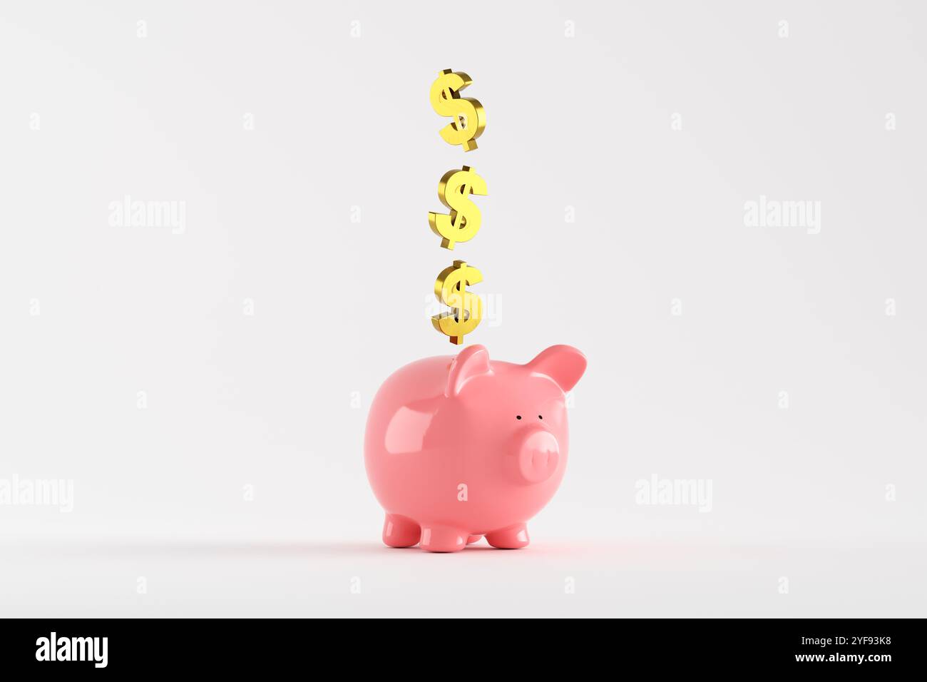 Pink piggy bank with dollar symbols falling into its slot representing ...