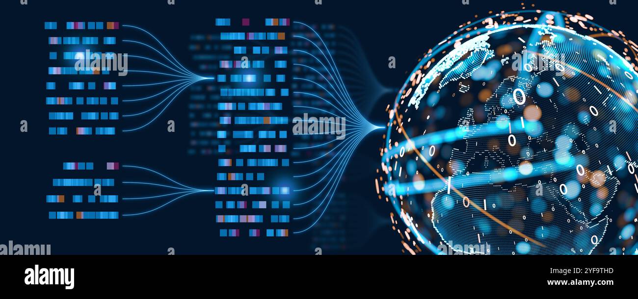 Data and AI Powering Global Analytics: Visualize data-driven insights with AI and big data, showcasing global networks, large language models, artific Stock Photo