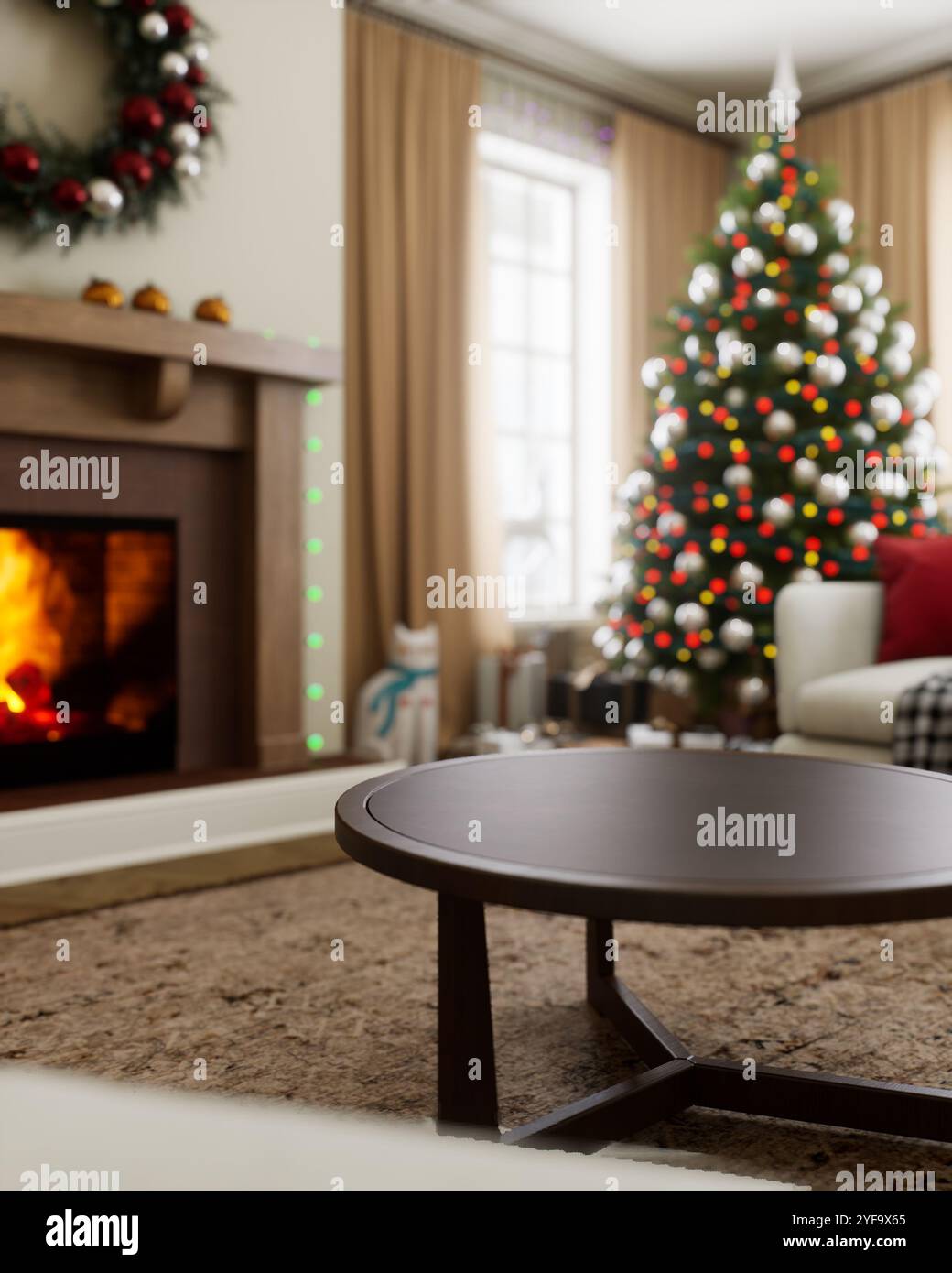 Cozy holiday living room with a beautiful Christmas tree and a cozy ...