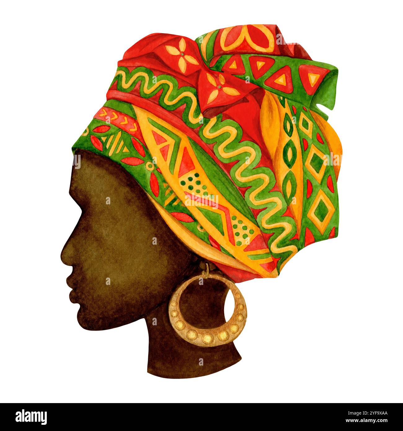 African woman portrait in traditional headwear with golden jewelry ...