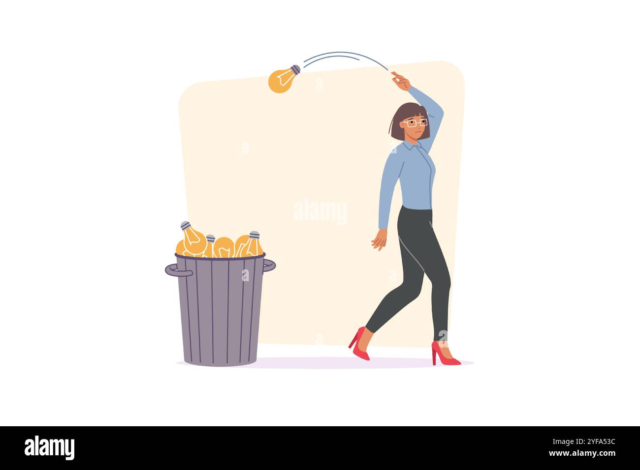Businesswoman gives up on idea, throwing light bulbs in trash due to lack of ambition Stock Vector
