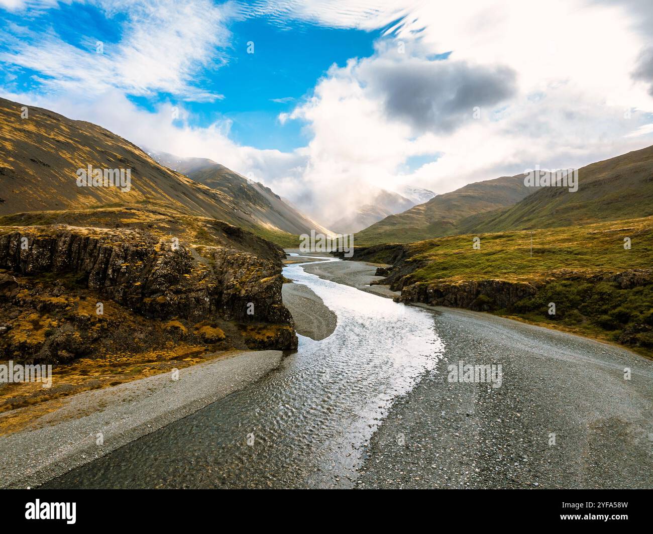 Stunning aerial view of an Icelandic river winding through a valley ...