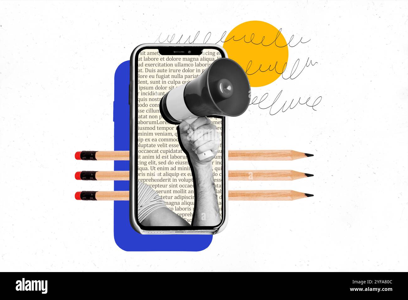Picture collage poster of arm holding bullhorn announcing exclusive ...