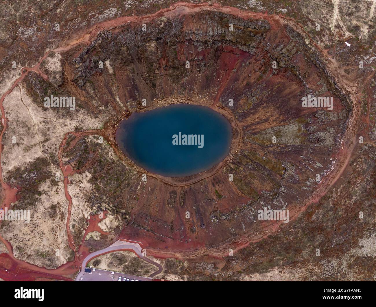 Aerial view of Kerið volcanic crater lake, a striking natural landmark ...