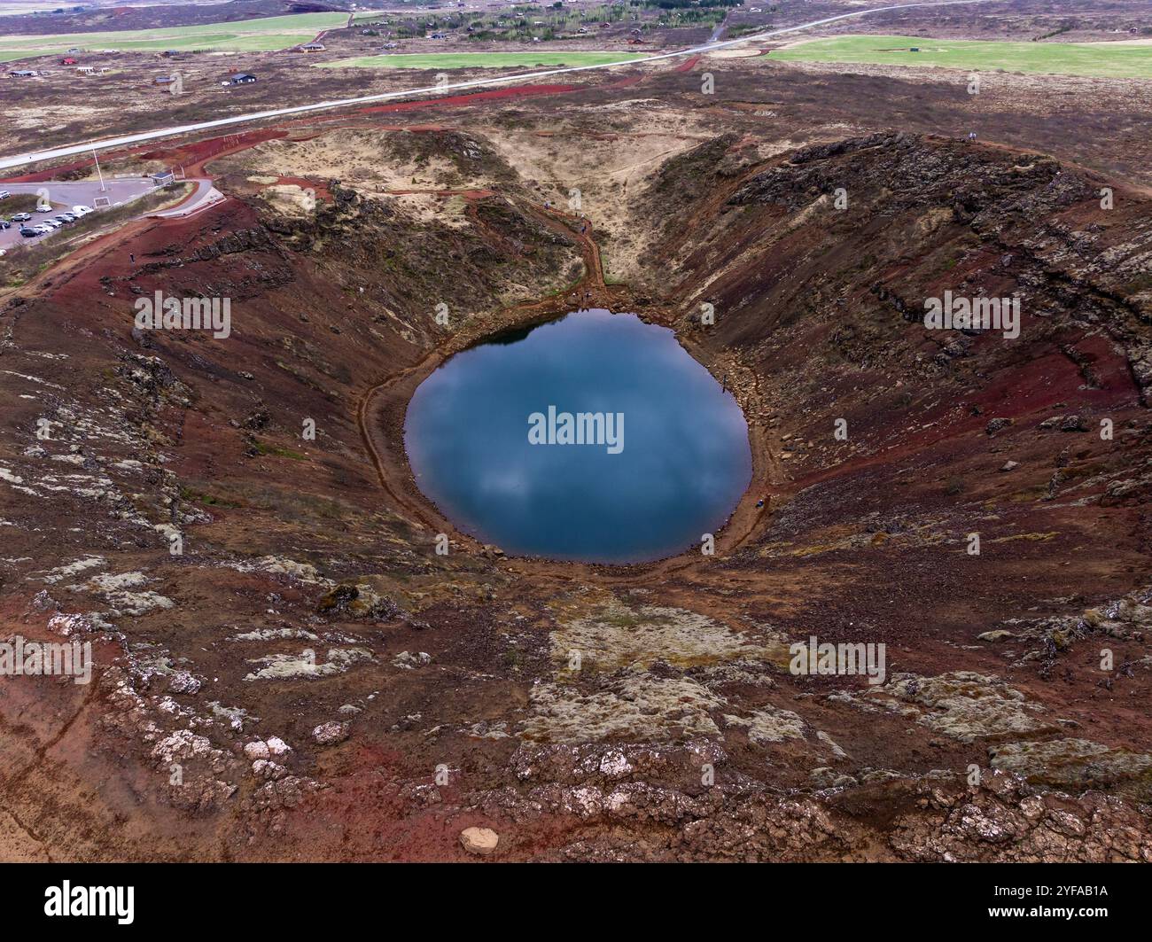 Aerial view of Kerið volcanic crater lake, a striking natural landmark ...