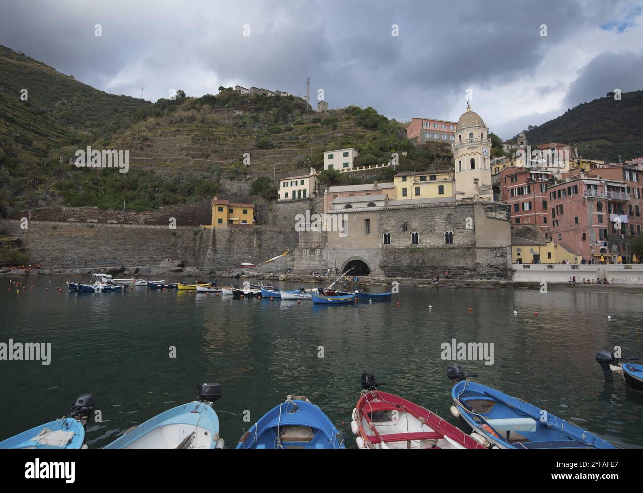 Fishing harbor with boats at the Village of Vernazza Riomaggiore, Cinque Terre, Liguria, Italy, Europe Stock Photo