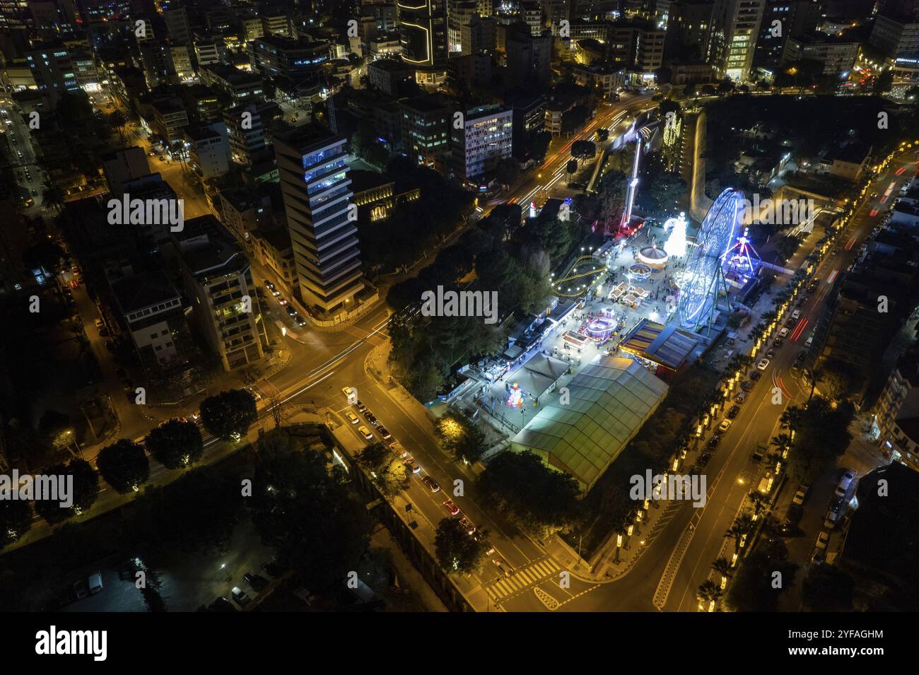 Aerial drone photograph of the cityscape of Nicosia in Cyprus at night. European capital cities Stock Photo