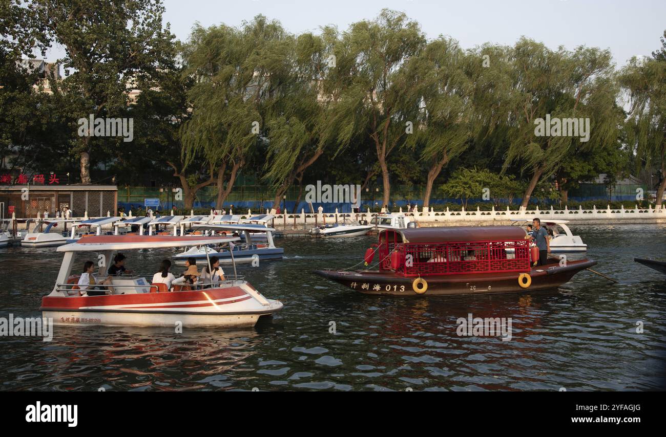 Beijing, china, June 02 2018: Tourist boats floating at Hou lake or shishahai lake in Beijing china Stock Photo