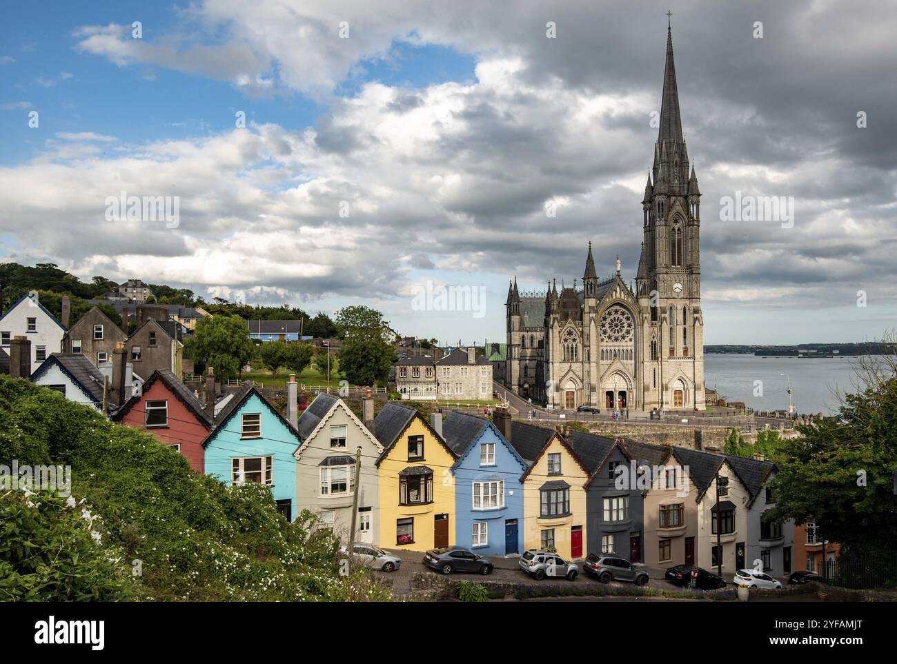 Deck of cards houses and st colmans cathedral at Cobh city Ireland Europe Cork County Stock Photo