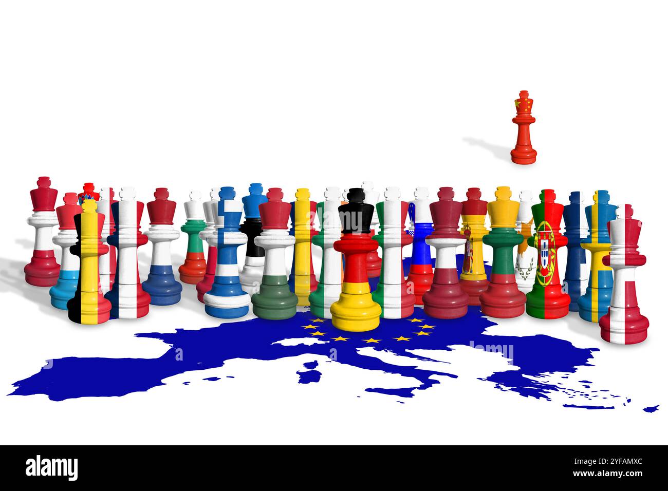 Chess made from EU members and China flags isolated on a white background with Europe Union flag map. China and Europe Union trade war. EU dangerous d Stock Photo