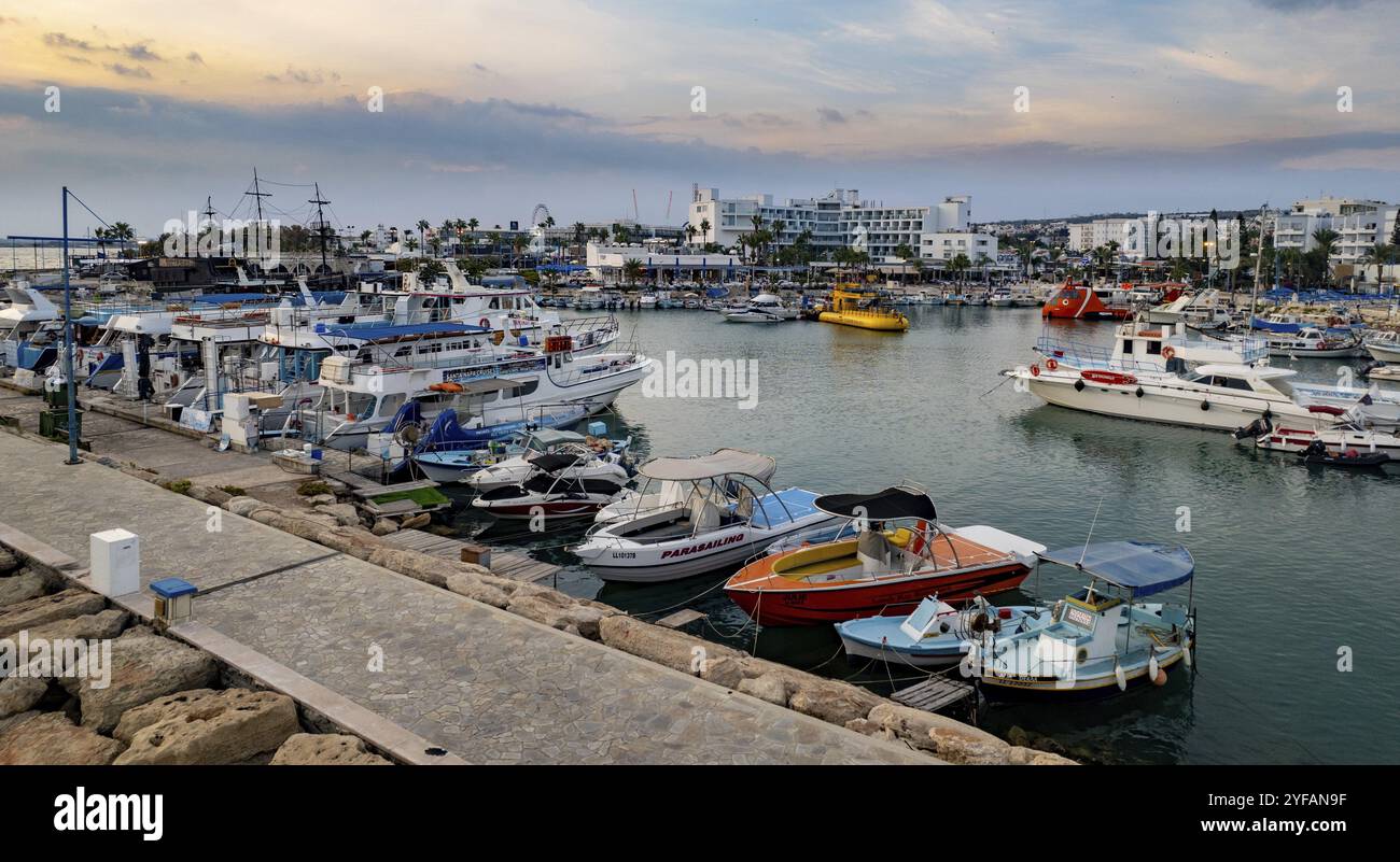 Ayia napa, Cyprus, October 14 2022: Aerial view of boats and yachts moored in a marina. Drone view from above. Ayia Napa Cyprus Europe, Europe Stock Photo