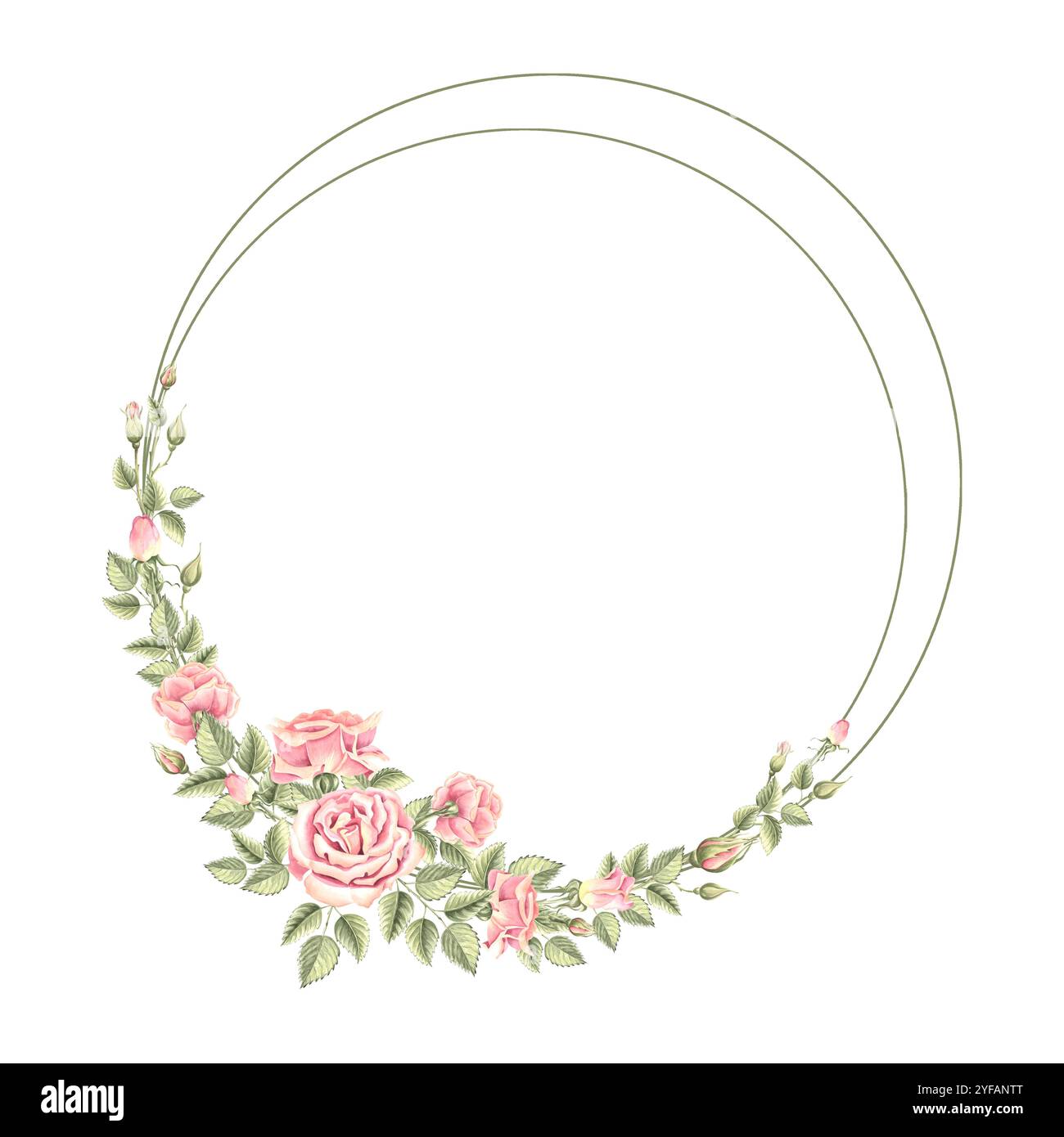 Roses flowers with green leaves. Spring wreath round frame. Hand drawn ...