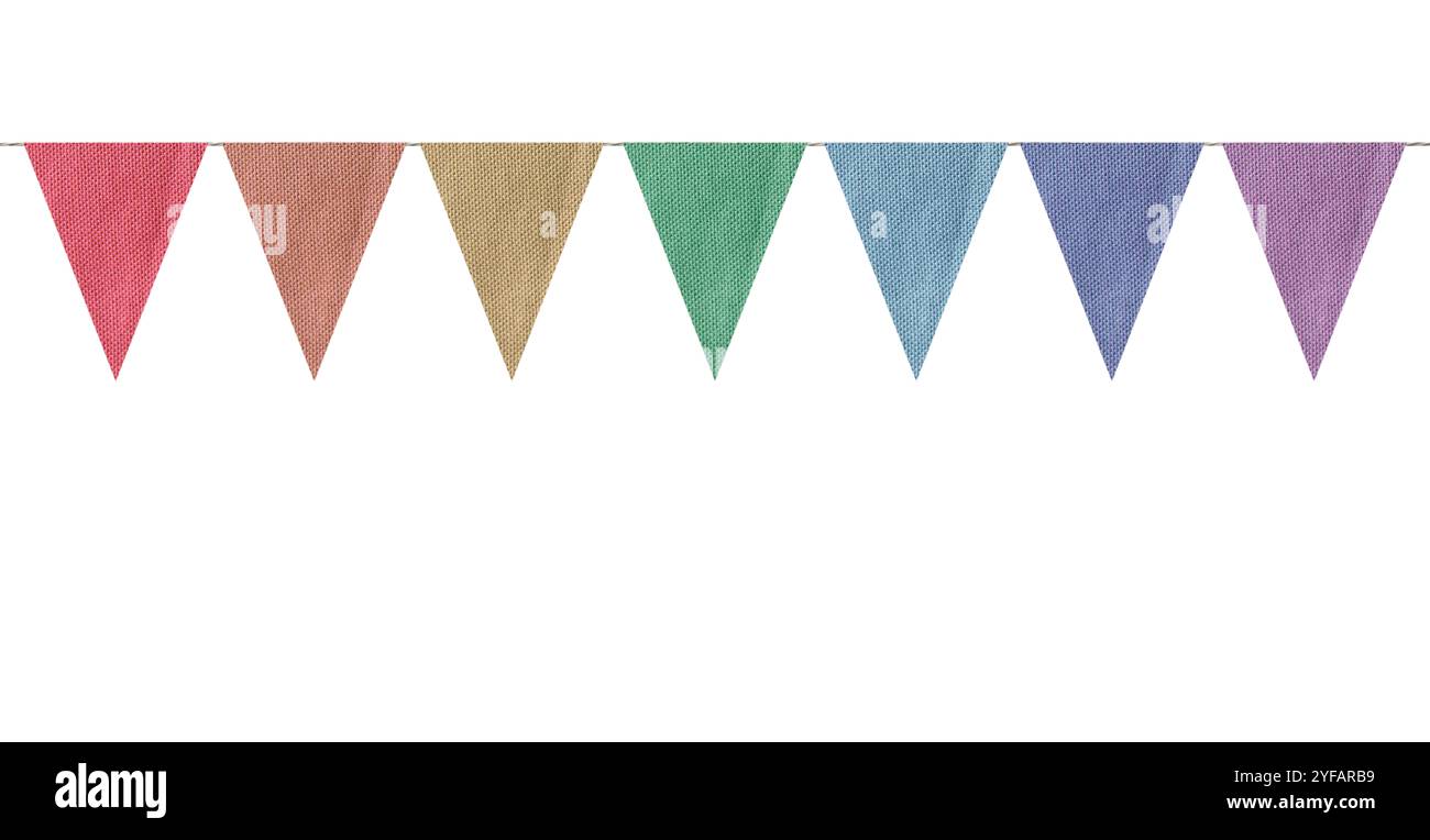 Fabric flags on rope against white background. Party decoration Stock ...