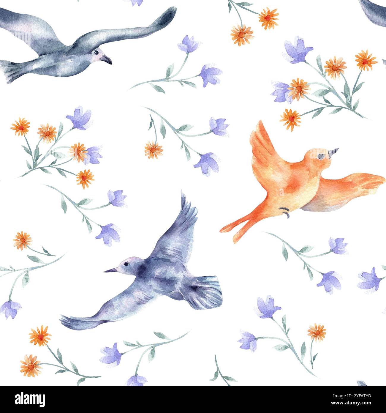 Birds and flowers watercolor seamless pattern isolated. Floral repeated ...