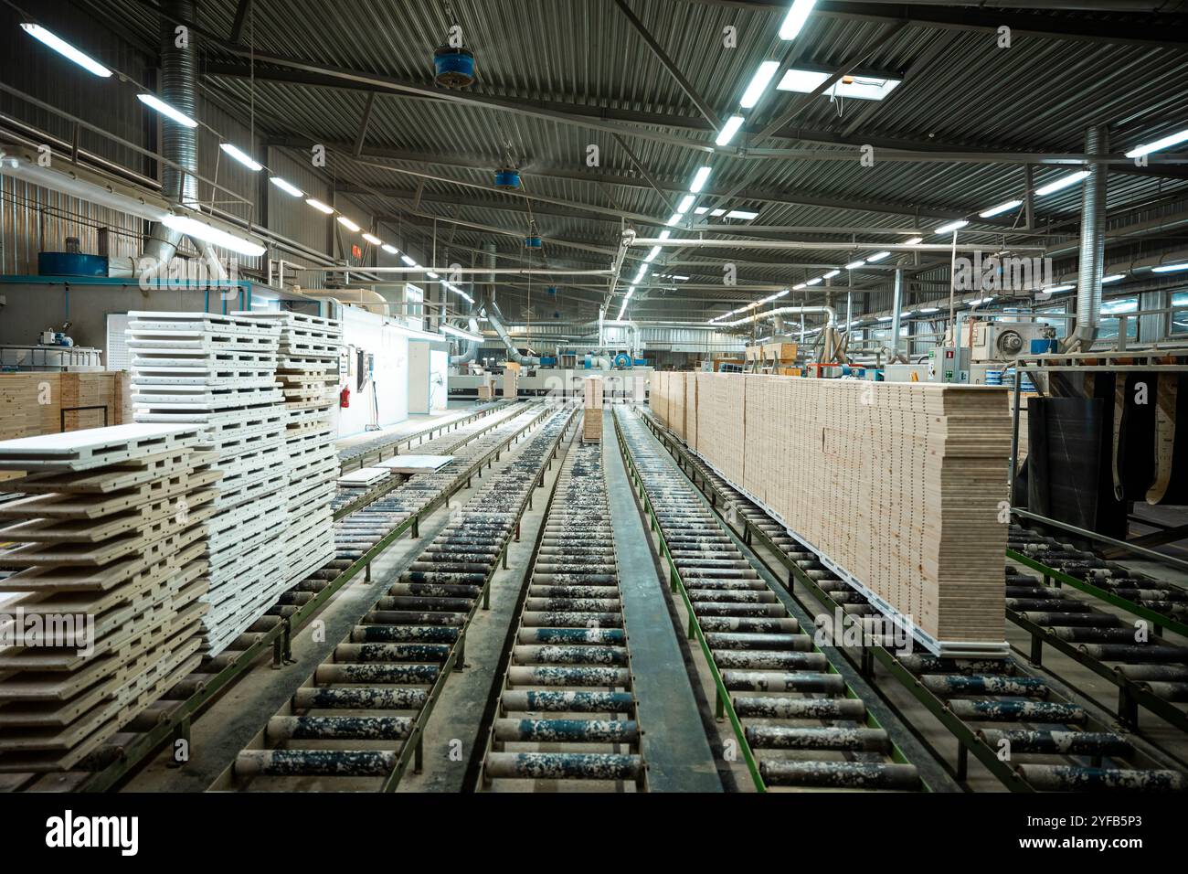 A large woodworking factory with stacks of freshly cut timber panels ...