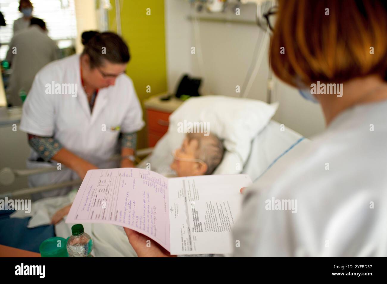 Epinal (north-eastern France): Epinal hospital palliative care unit, mobile palliative care team. Here, a nurse and a doctor meeting a patient at the Stock Photo