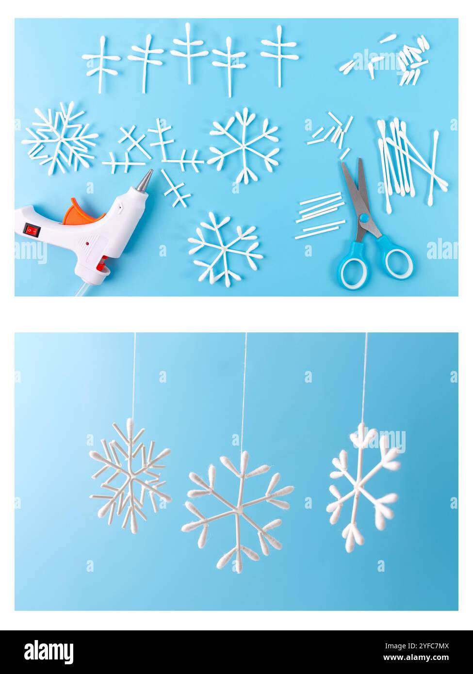 Step-by-step collage showing DIY cotton swab snowflake ornaments with ...