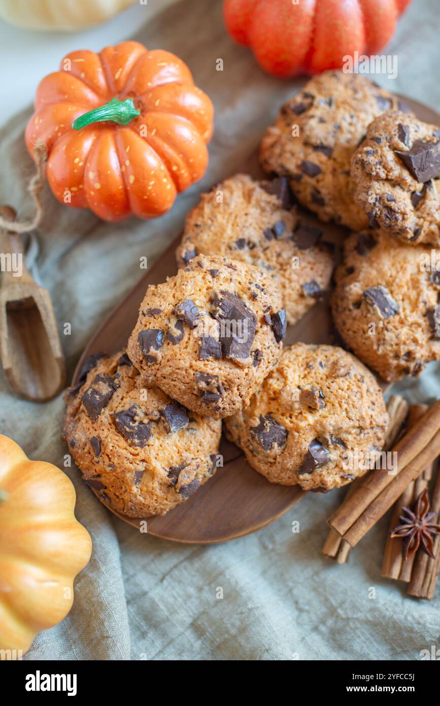 pumpkin chocolate chip cookies on a table Stock Photo