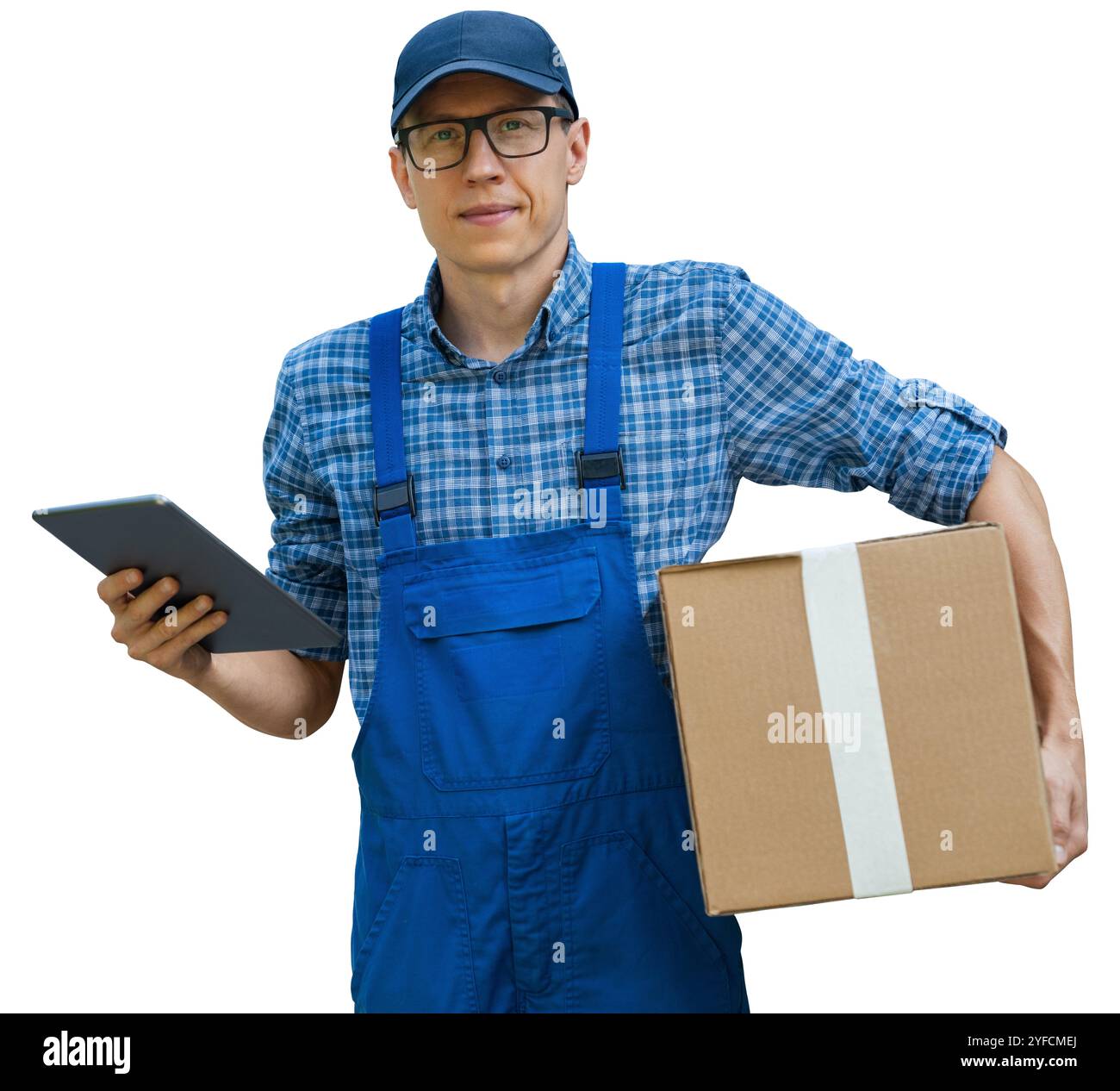 Isolated delivery man in uniform with digital tablet. Stock Photo
