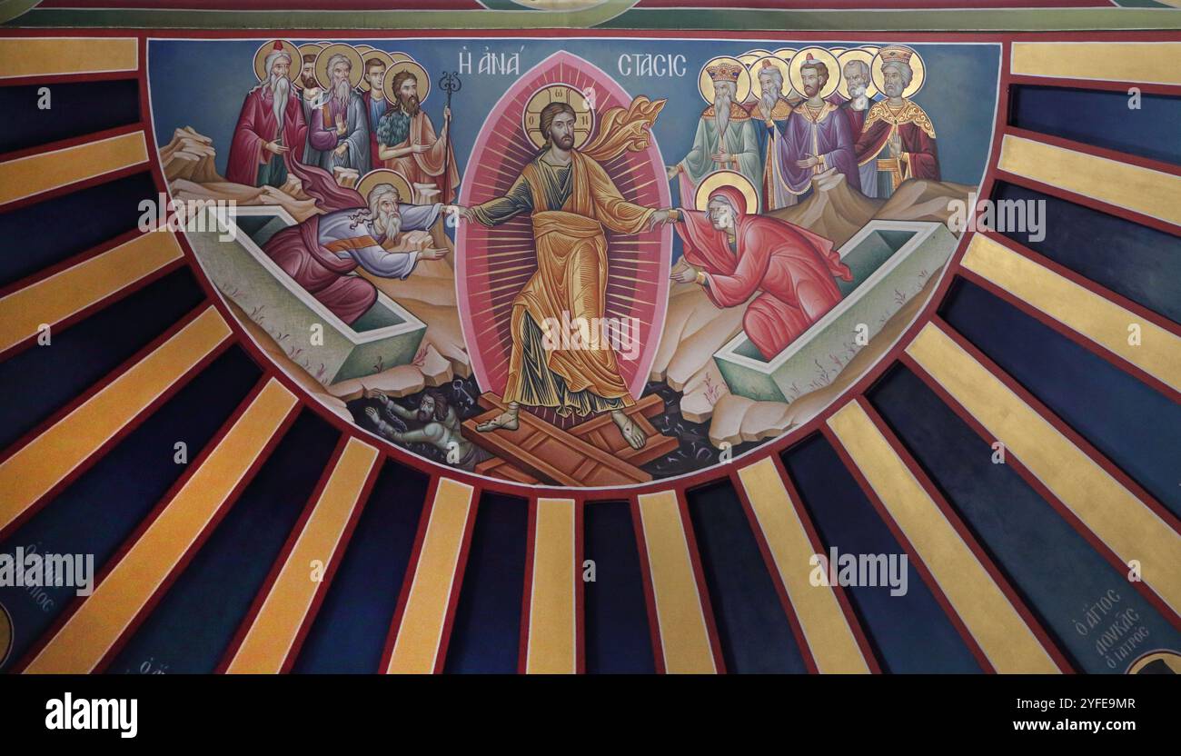 Icon of the Anastasis - the Resurrection of Christ and his Descent into Hell where he stands on the Broken Gates of Hades with Death Chained beneath h Stock Photo