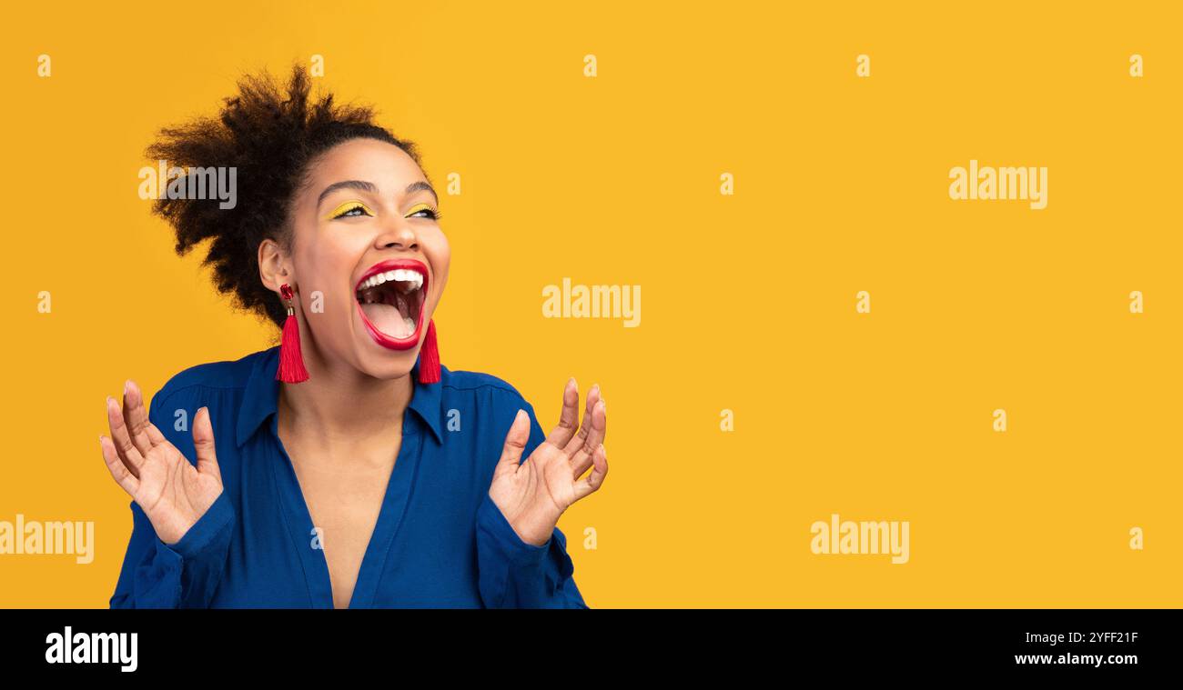 Happy afro woman screaming and raising hands Stock Photo - Alamy