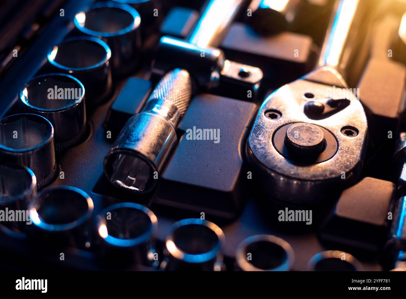 Socket wrench set toolbox - Professional chrome vanadium sockets, tools, wrenches, spanners and bits tools organized in box. Stock Photo