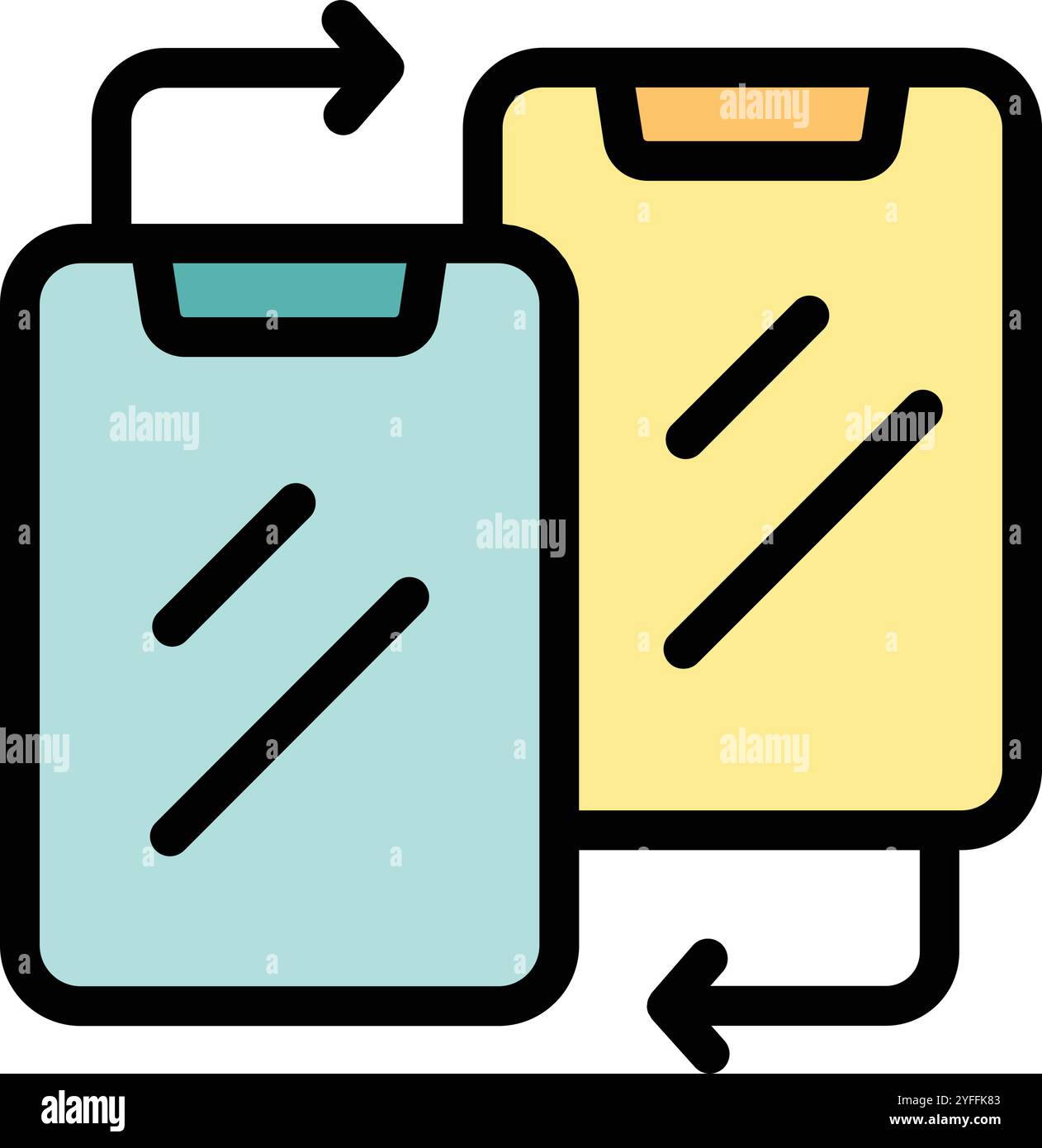 This vector illustration depicts two smartphones exchanging data, symbolizing wireless file transfer or app synchronization Stock Vector