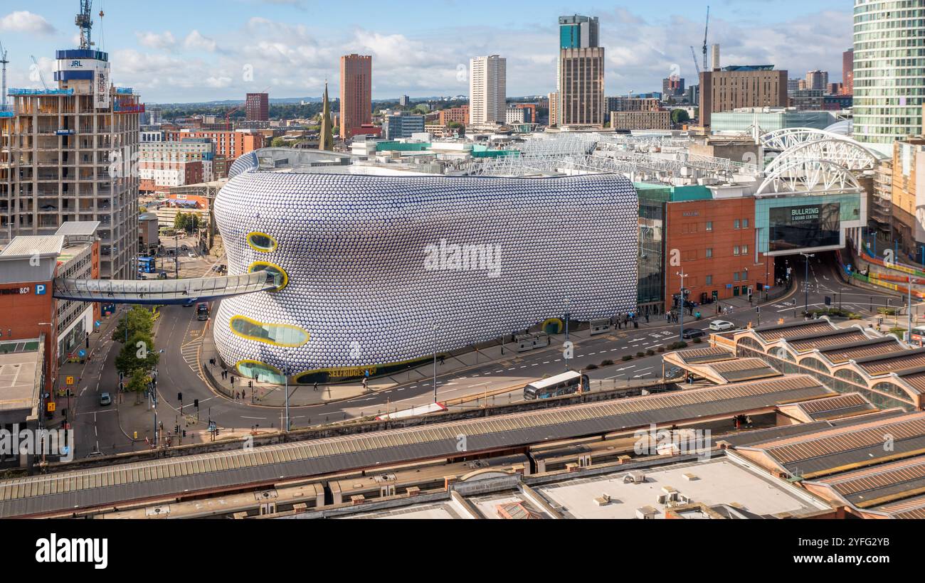 BIRMINGHAM, UK - SEPTEMBER 28, 2024.  An aerial view of a Birmingham cityscape skyline with the Bullring shopping centre and Selfridges iconic buildin Stock Photo