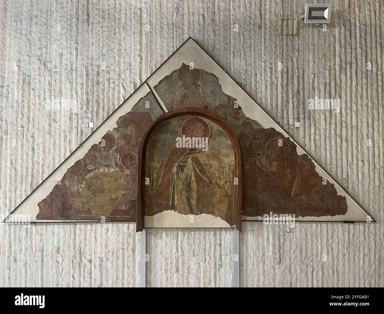 'Hospitality of Abraham', 'Binding of Isaac', 'St Marina the Great Martyr' scenes mural icon in the National Museum of History, Sofia Bulgaria - Smartphone Captured Stock Image