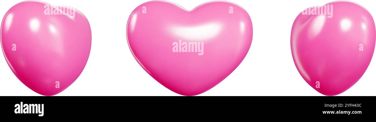 Pink glossy heart balloons set with different angles of view. Realistic ...
