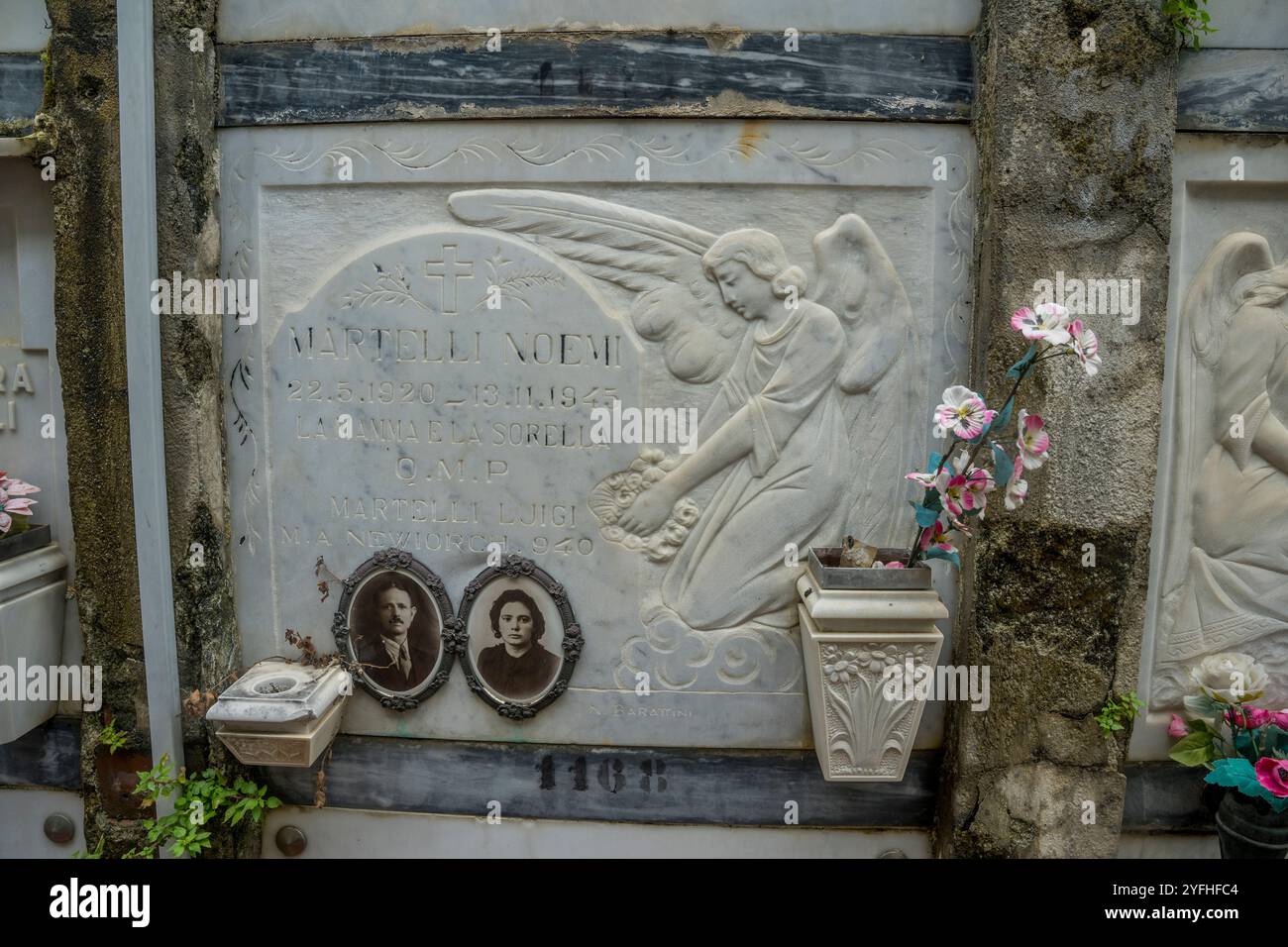 Detail of a tomb at the cemetery next to the Church of San Francesco within the Capuchin Friars Monastery above the village of Monterosso al Mare, Cin Stock Photo