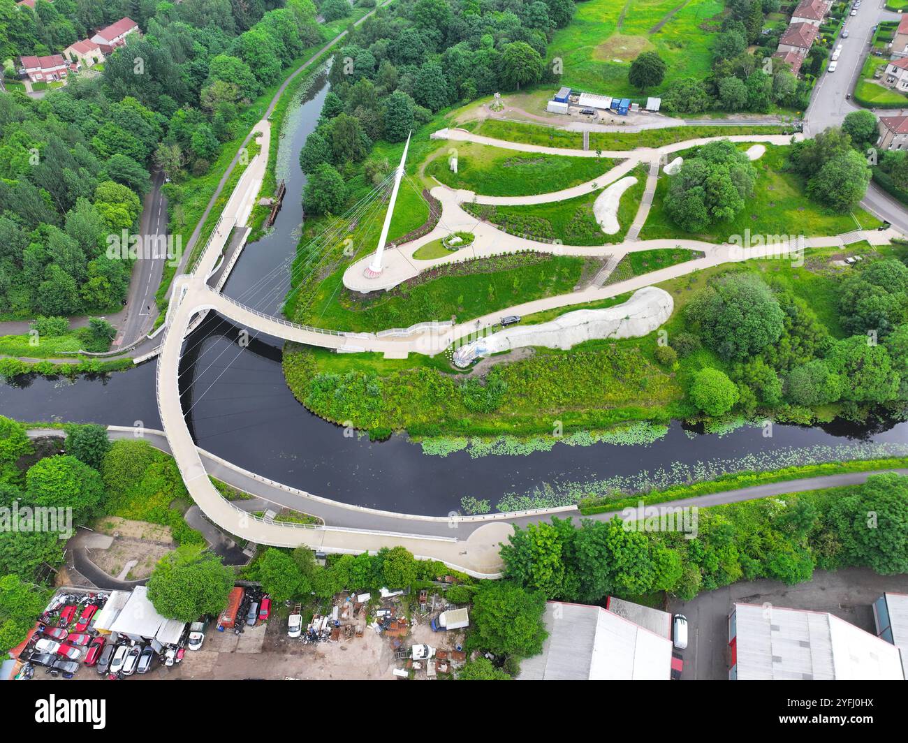 Aerial drone view of Stockingfield Bridge on the Forth and Clyde Canal Glasgow Stock Photo