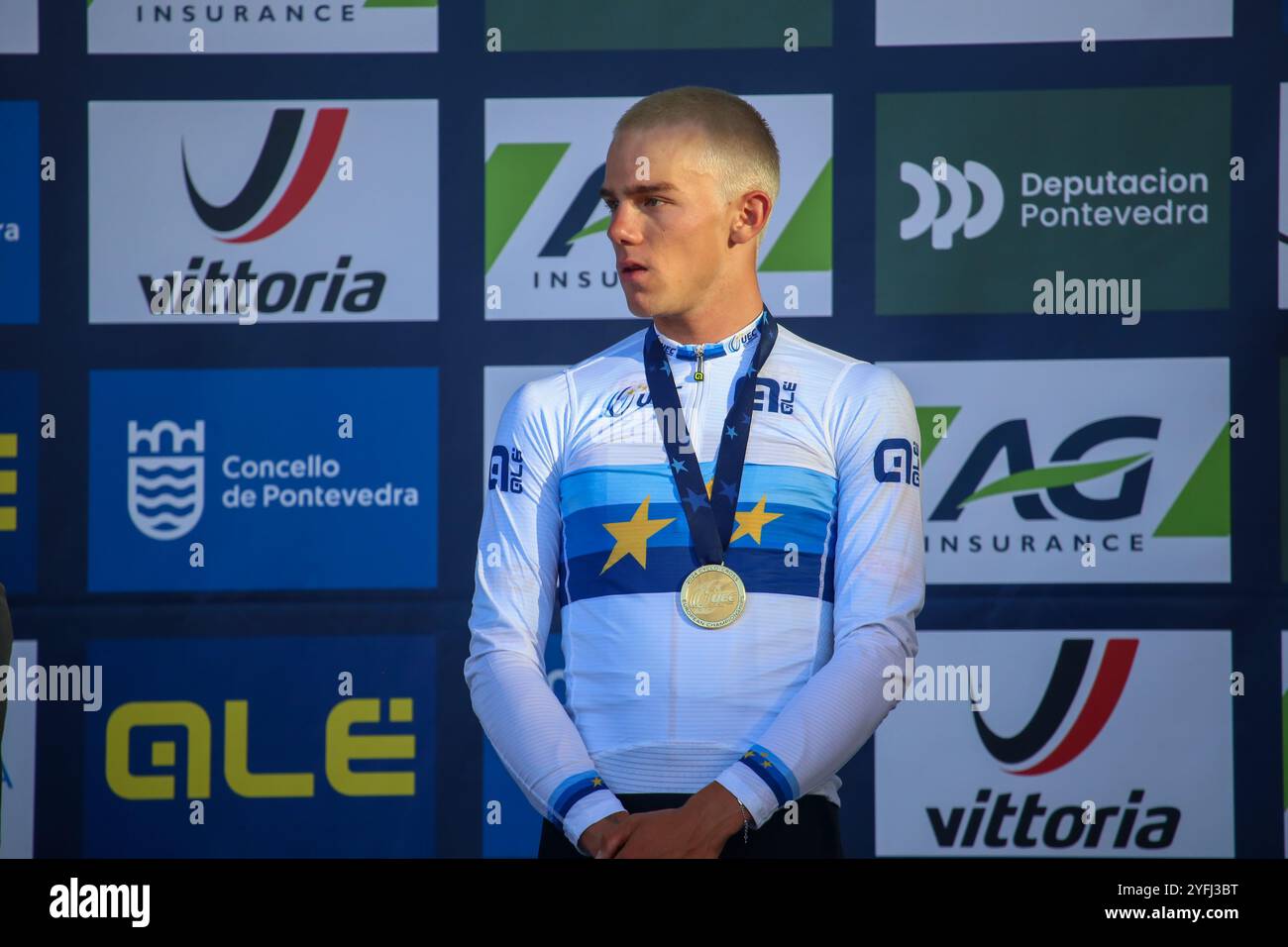 Pontevedra, Spain, 03rd November, 2024: Belgian cyclist Thibau Nys (6) with the European Champion jersey and the gold medal during the men's elite race of the 2024 European Cyclocross Championships, on 03 November 2024, in Pontevedra, Spain. Credit: Alberto Brevers / Alamy Live News. Stock Photo