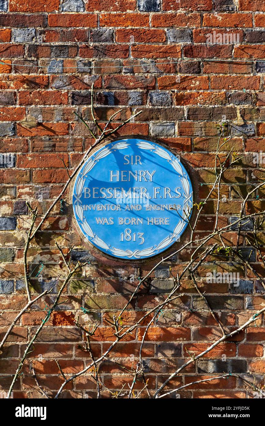 Blue heritage plaque at the birthplace home of Sir Henry Bessemer ...