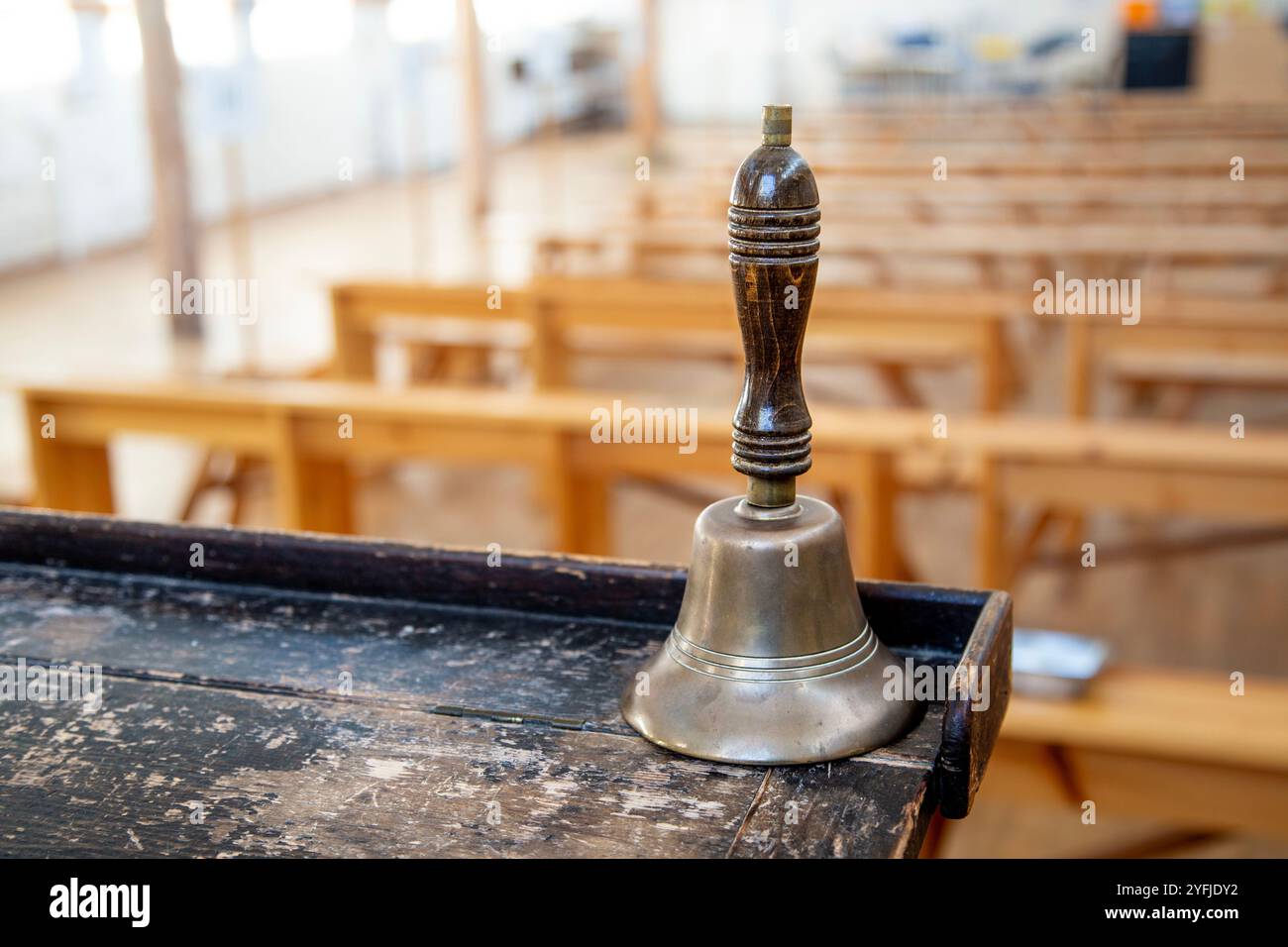 School classroom bell inside 1837 Georgian era classroom, British Schools Museum in Hitchin, Hertfordshire, England Stock Photo