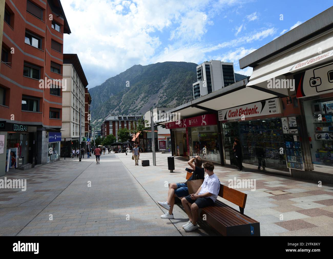 Sopping on Av. Carlemany pedestrian street in Escaldes-Engordany, Andorra. Stock Photo