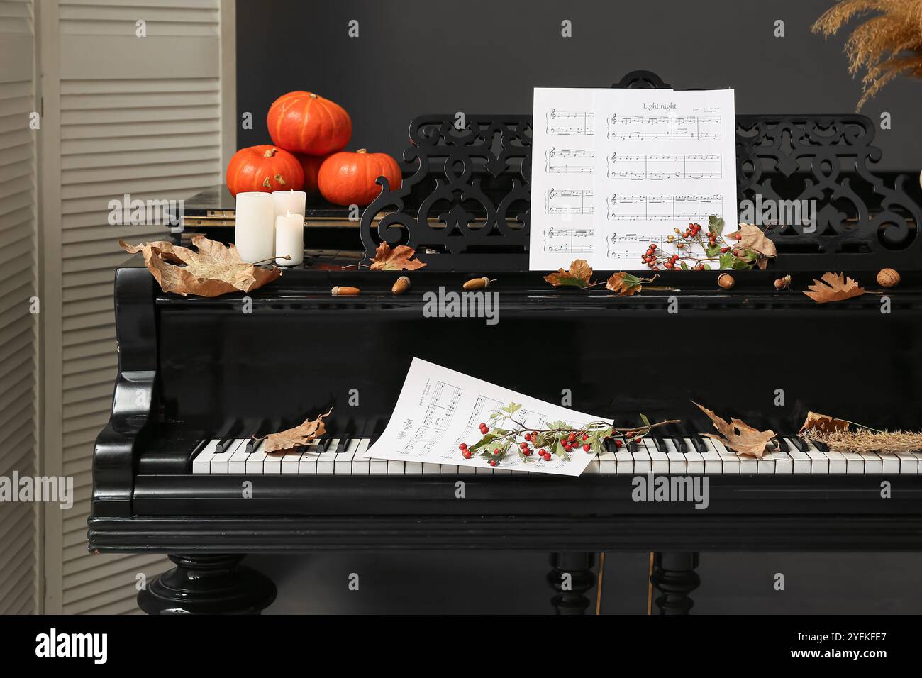 Piano with autumn decorations and musical notes, closeup Stock Photo ...