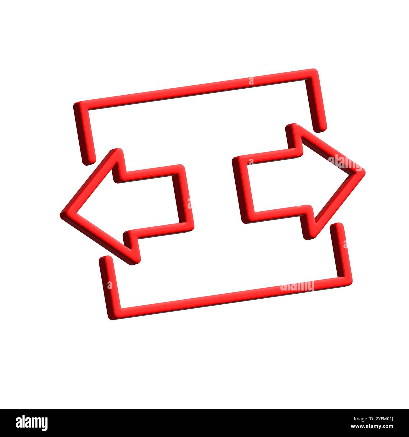 Red arrows indicating a two way exchange or transfer of information or goods between two points in a cyclical process on a white background. - Stock Image