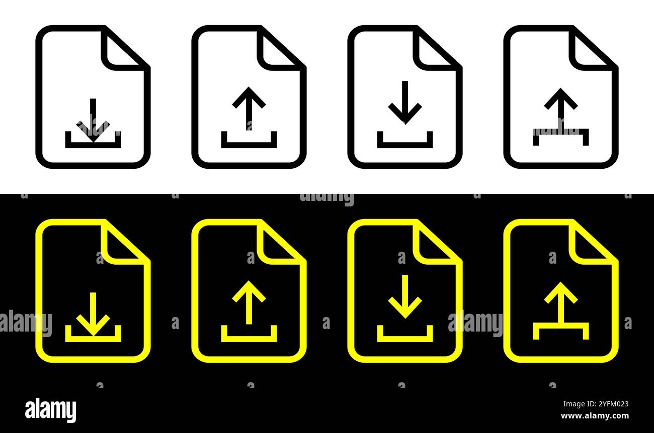 Set of four simple outline icons representing document download and upload actions presented. - Stock Image