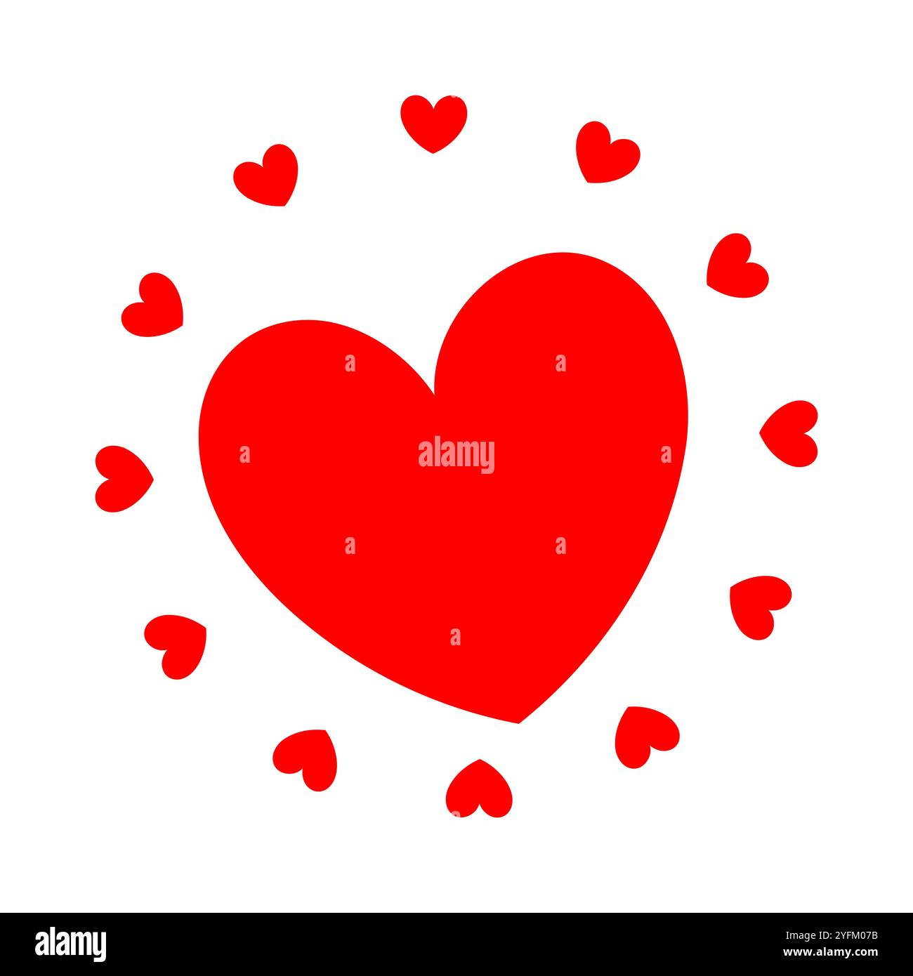 A large vibrant red heart is centrally positioned surrounded by a halo of smaller red hearts creating a festive and romantic symbol of love and affect - Stock Image