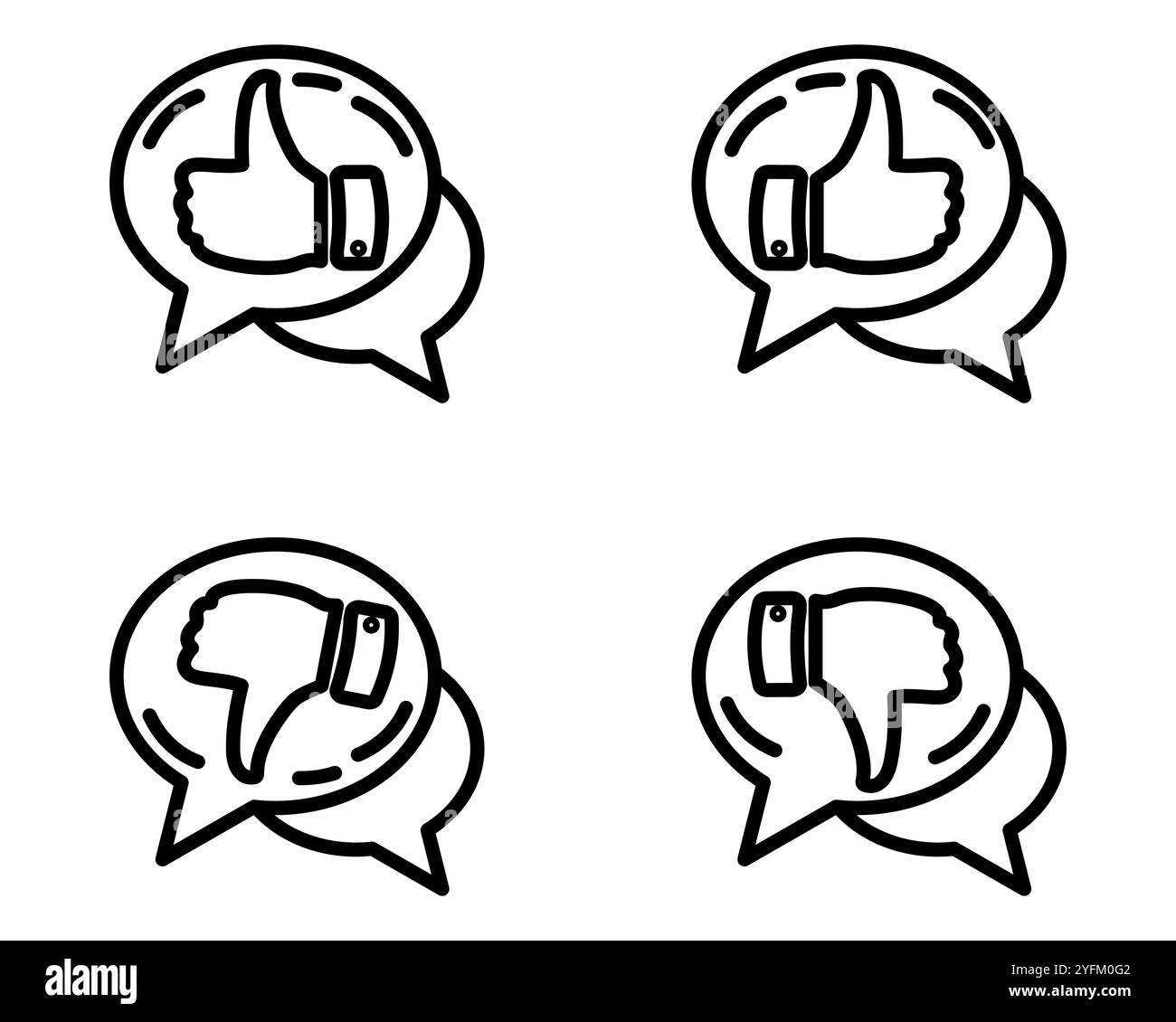 Thumbs up and two showing thumbs down representing positive and negative feedback or opinions. - Stock Image