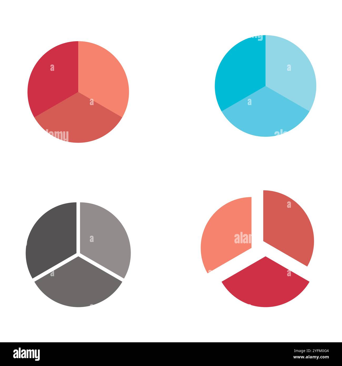 Four simple circular charts divided into three equal segments each presented in distinct color palettes for data visualization. - Stock Image
