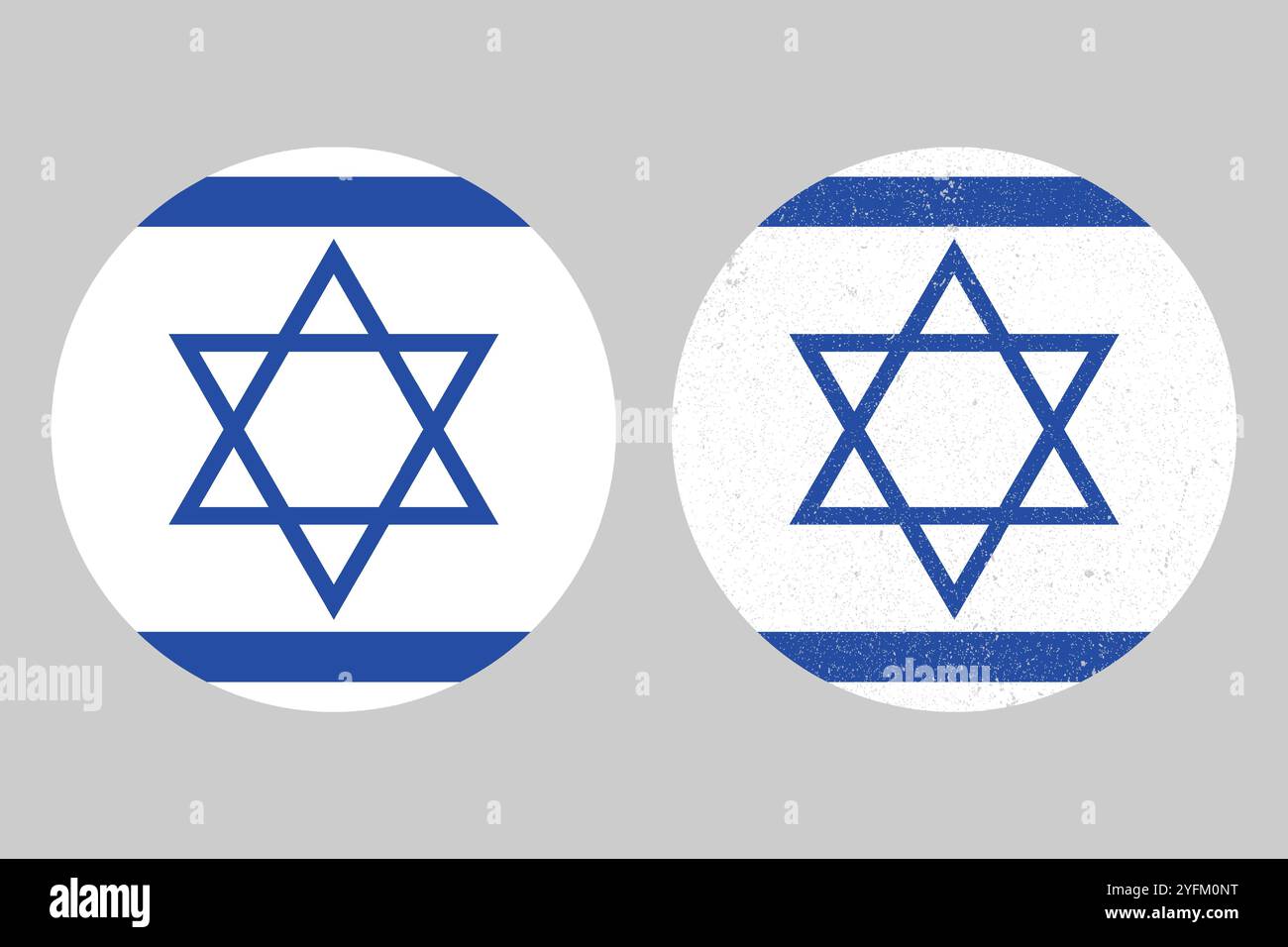 Two oval israeli flags featuring the star of david and blue stripes on a neutral grey background symbolizing national identity and heritage - Stock Image