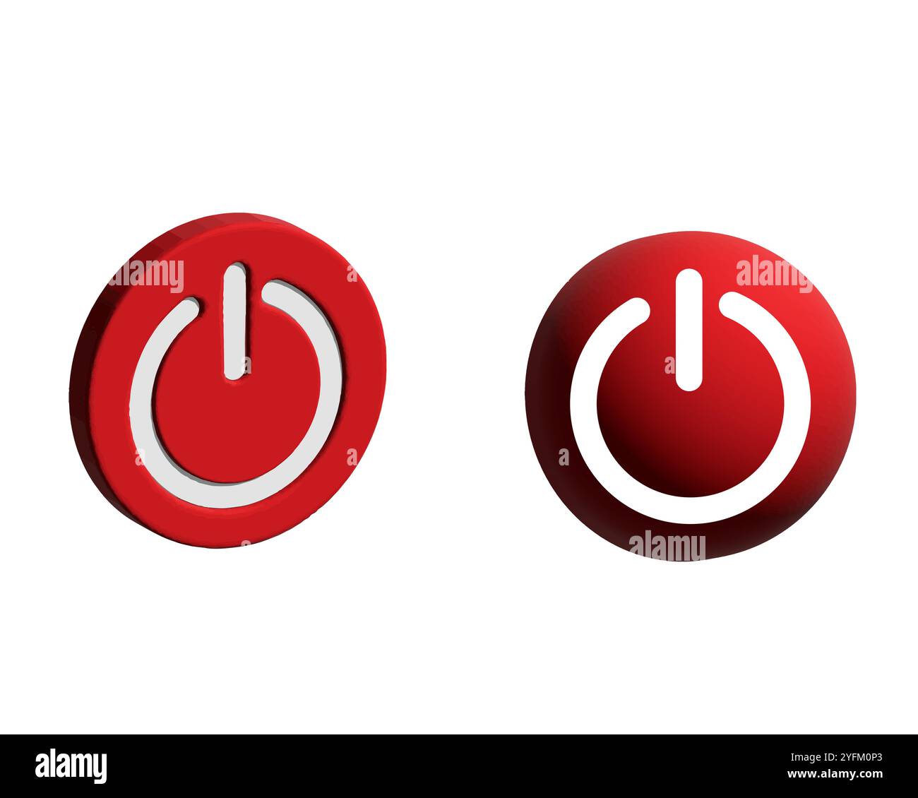 Two red circular power buttons with white icons on a white background representing on and off functions - Stock Image