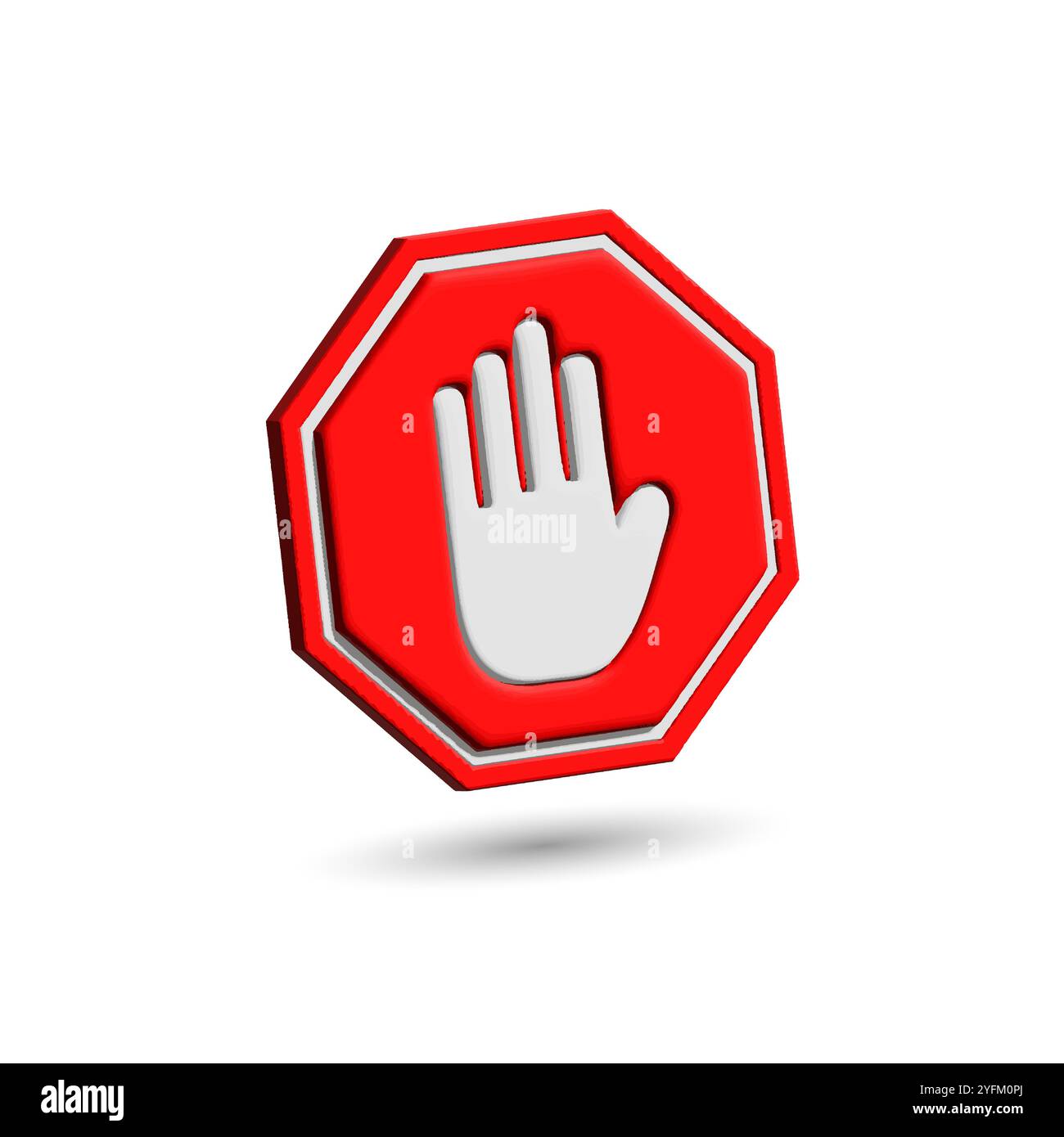 3D red octagonal stop sign with hand. 3D no entry stop hand symbol for prohibited activities. - Stock Image