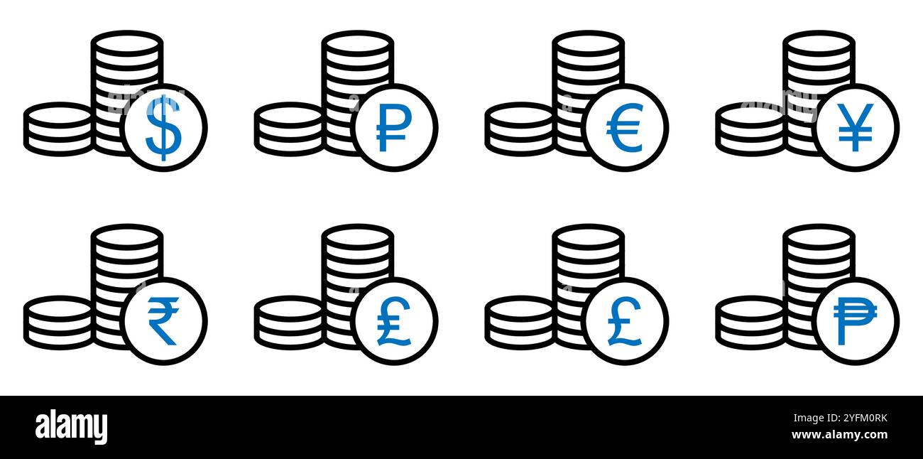 Collection of stylized coin stacks representing various global currencies including us dollar euro yen pound sterling indian rupee. - Stock Image