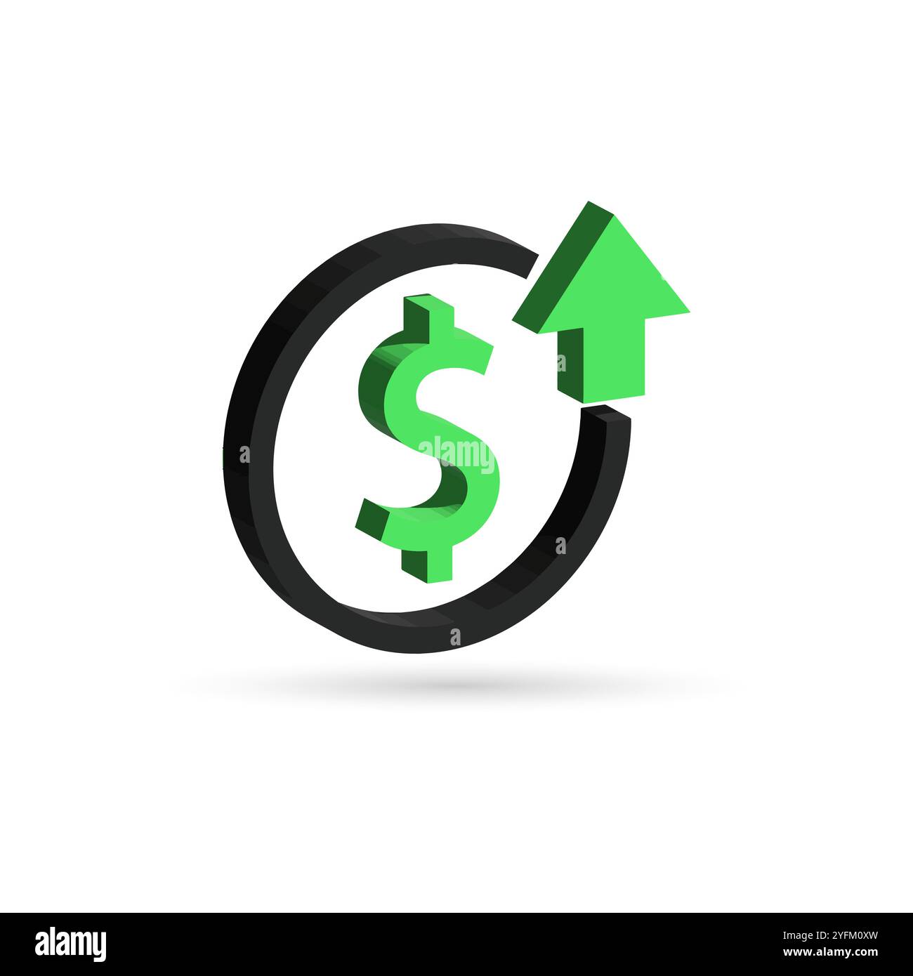 3d rendered icon depicting a green dollar sign within a circular arrow with a bright green upward pointing arrow indicating growth and increasing - Stock Image