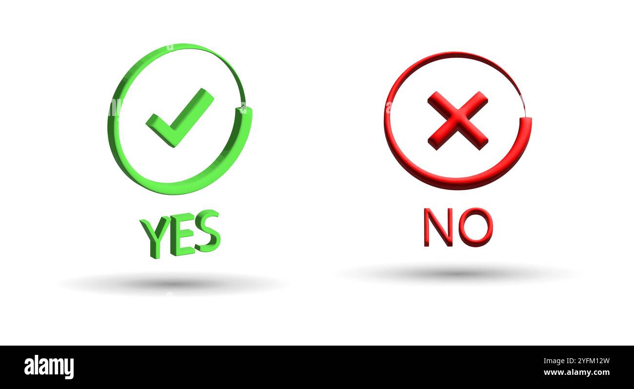 Two 3d rendered circular icons one green with a checkmark labeled yes and one red with an x labeled no on a white background - Stock Image