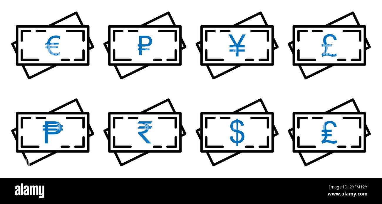 Collection of international currency symbols including euro yen pound peso rupee and dollar presented in a clean graphic design. - Stock Image